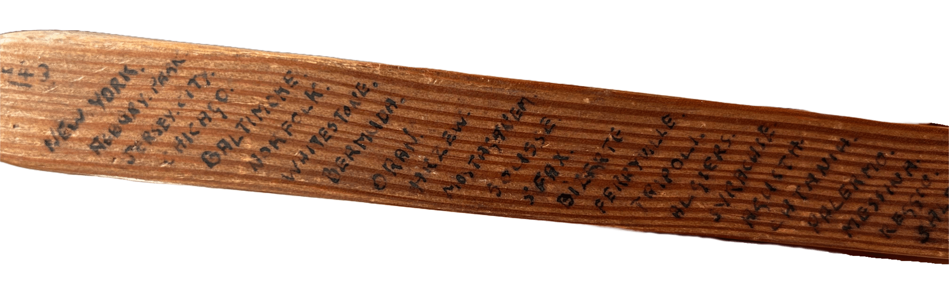 WWII Hammock spreader bar with names of places visited